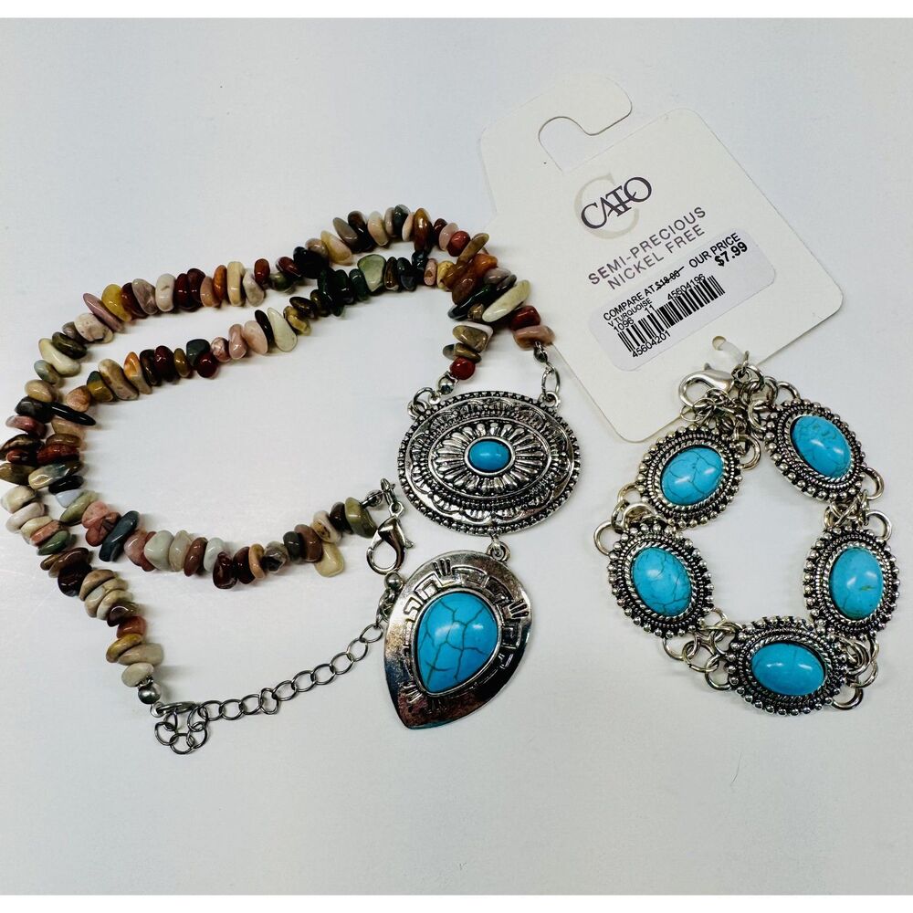 Southwest Turquoise Nugget Matching Statement Necklace & Bracelet Set